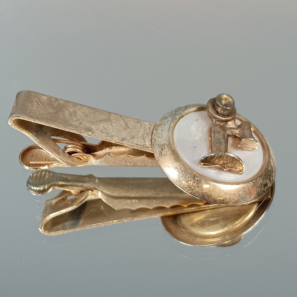 Vintage Gold Tone Tie Clip with Telephone Motif and Mother of Pearl Inlay